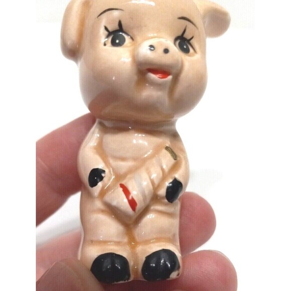 Porcelain Pink Pig Figurine 2 Inch Vintage Collectible Big Eyes One Ear Up Happy - Picture 9 of 10